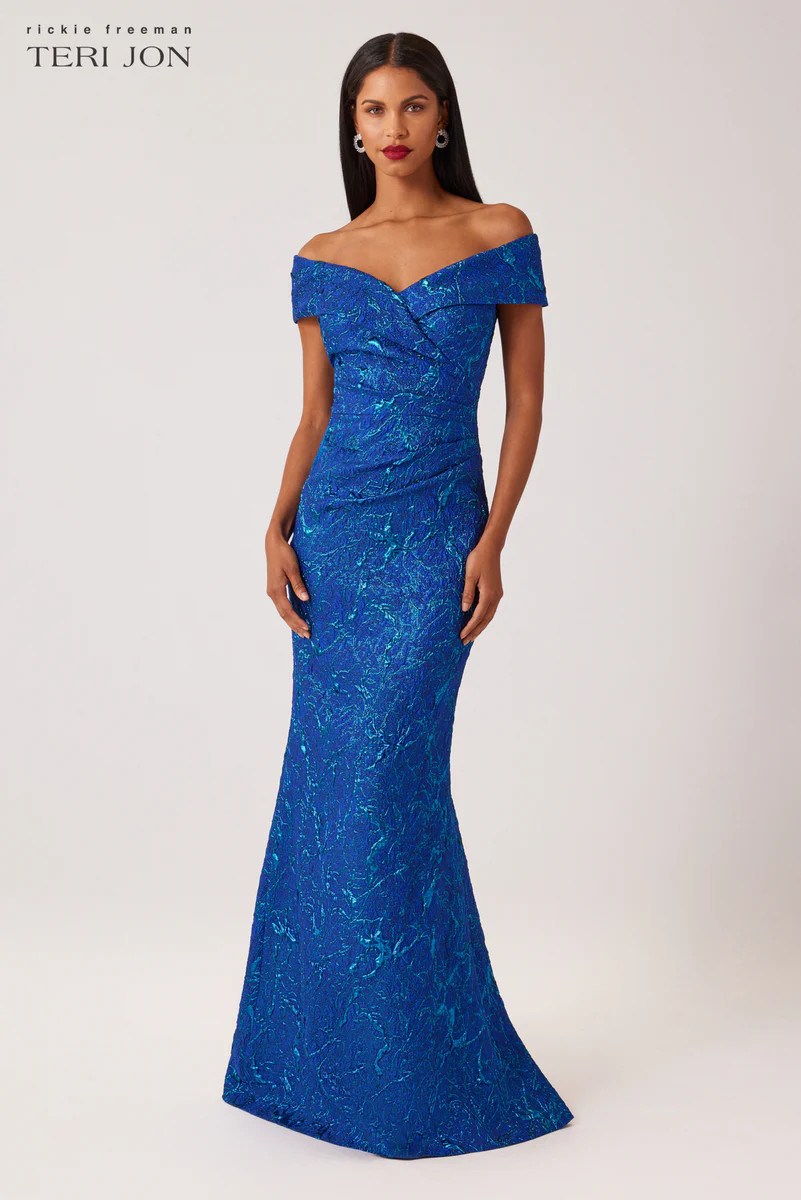 Metallic Jacquard Portrait Side Drape Gown In Royal Blue | TERIJON