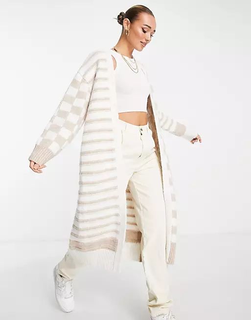 Topshop knitted checkerboard and stripe maxi cardi in cream | ASOS (Global)