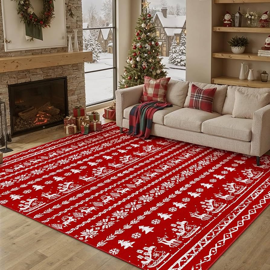 Christmas Area Rug 6x9 Red Living Room Washable Carpet Xmas Snowflake Holiday Decor Indoor Bedroo... | Amazon (US)
