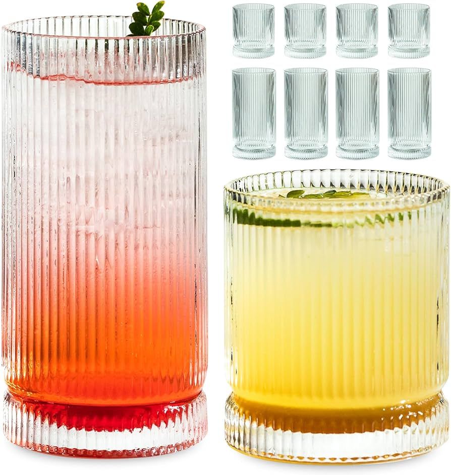 KEMORELA Drinking Glasses Set of 8, Ribbed Glassware, Vintage Fluted Glassware, 4 pcs Ribbed Glas... | Amazon (US)