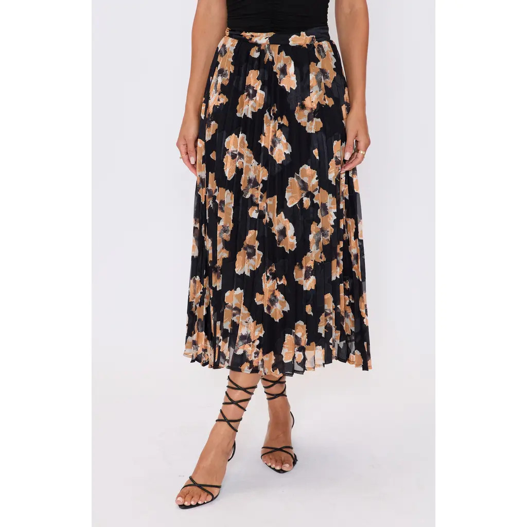 VICI Collection Zora Floral Pleated Midi Skirt in Black Floral at Nordstrom, Size Medium | Nordstrom