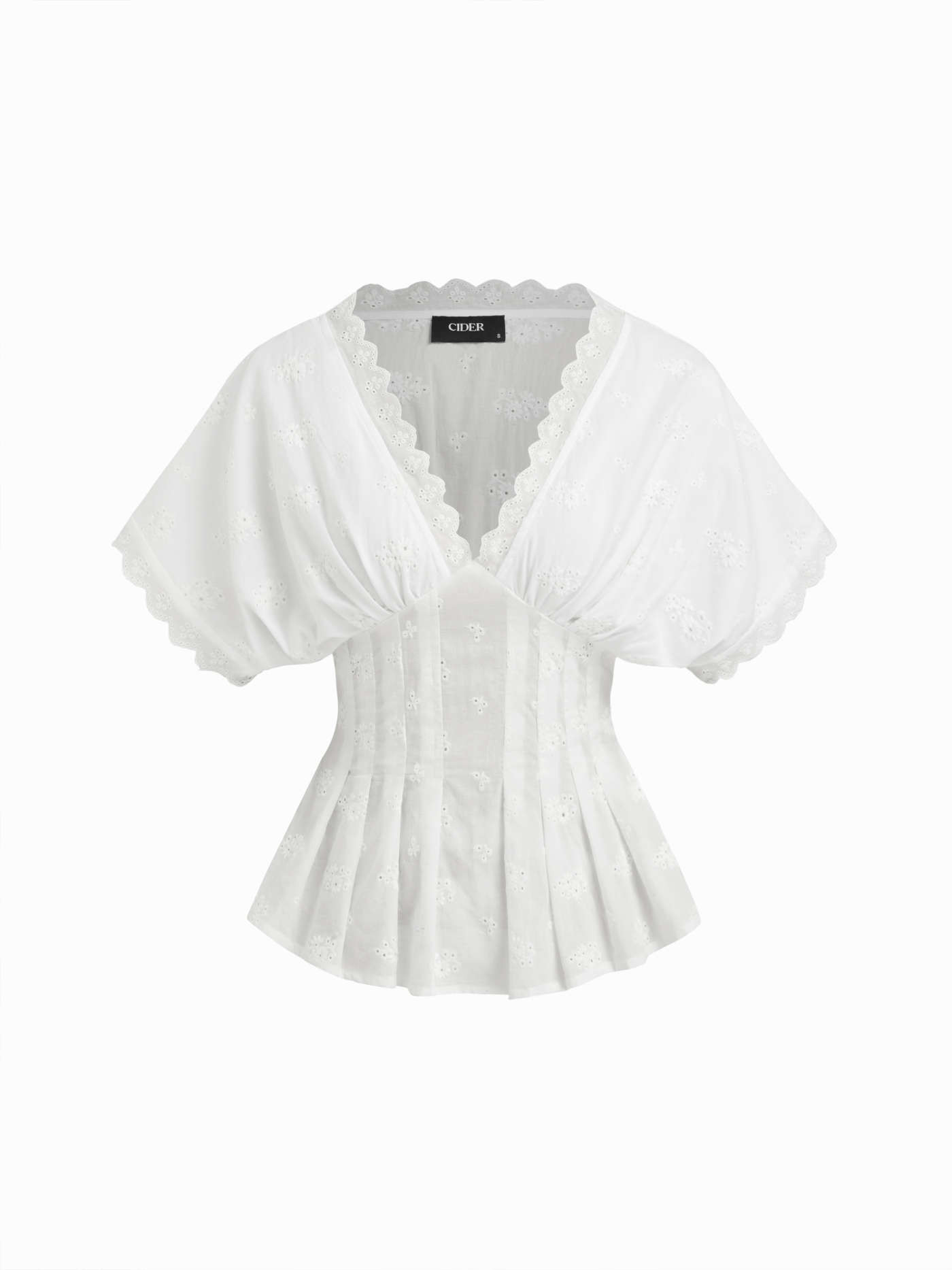 Woven Cotton V-neck Broderie Anglaise Pleated Shirred Short Sleeve Blouse For Work | Cider