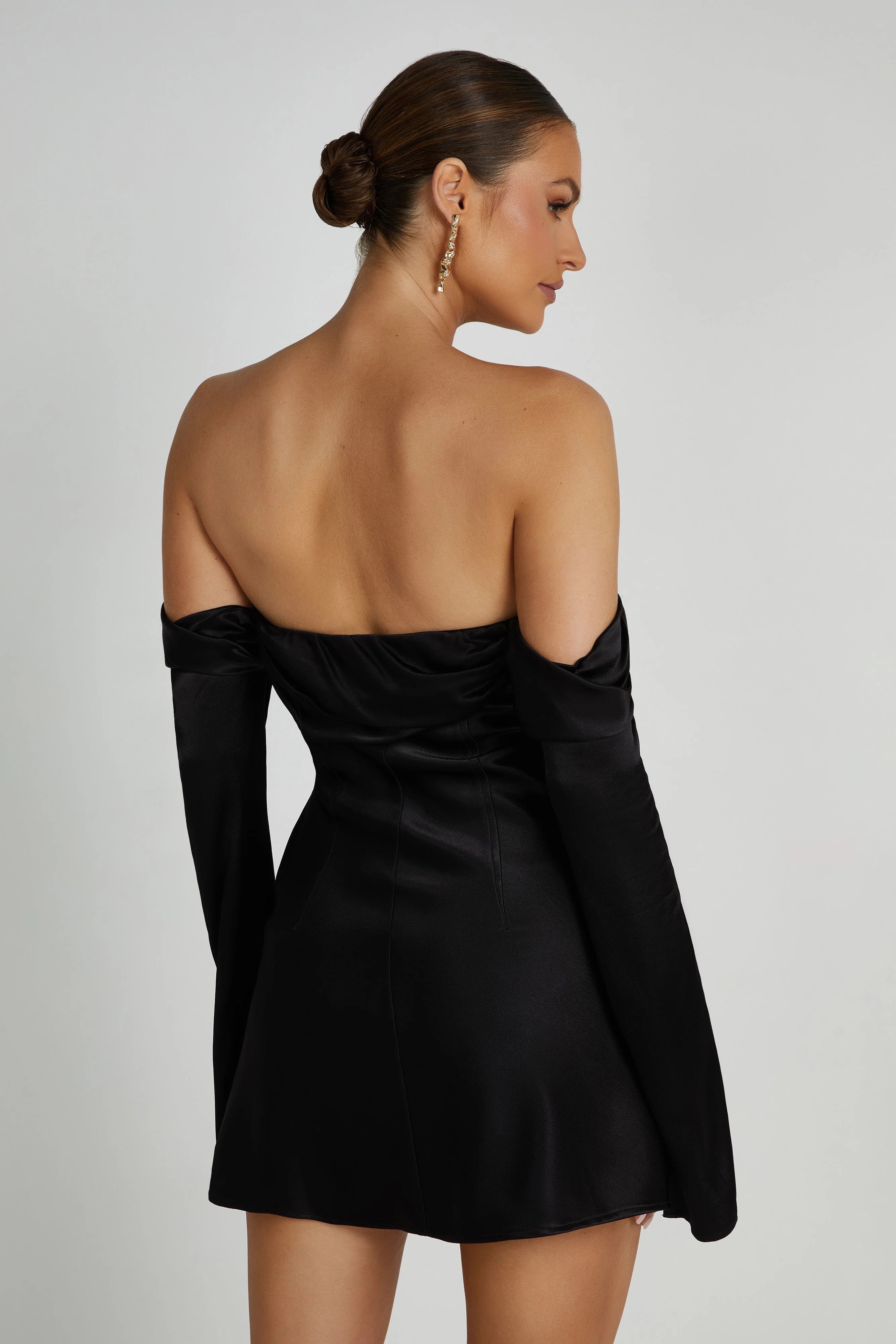 Giselle Off Shoulder Satin Mini Dress - Black | MESHKI US