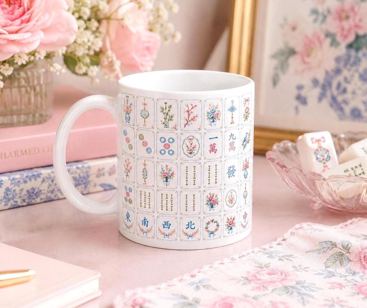 Mahjong Tiles Vintage Ceramic Mug 11 oz, Mahjong Lovers gift, Gifts for her, Coffee tea cup floral mah jongg, girly cute pretty pink Preppy | Etsy (Global)