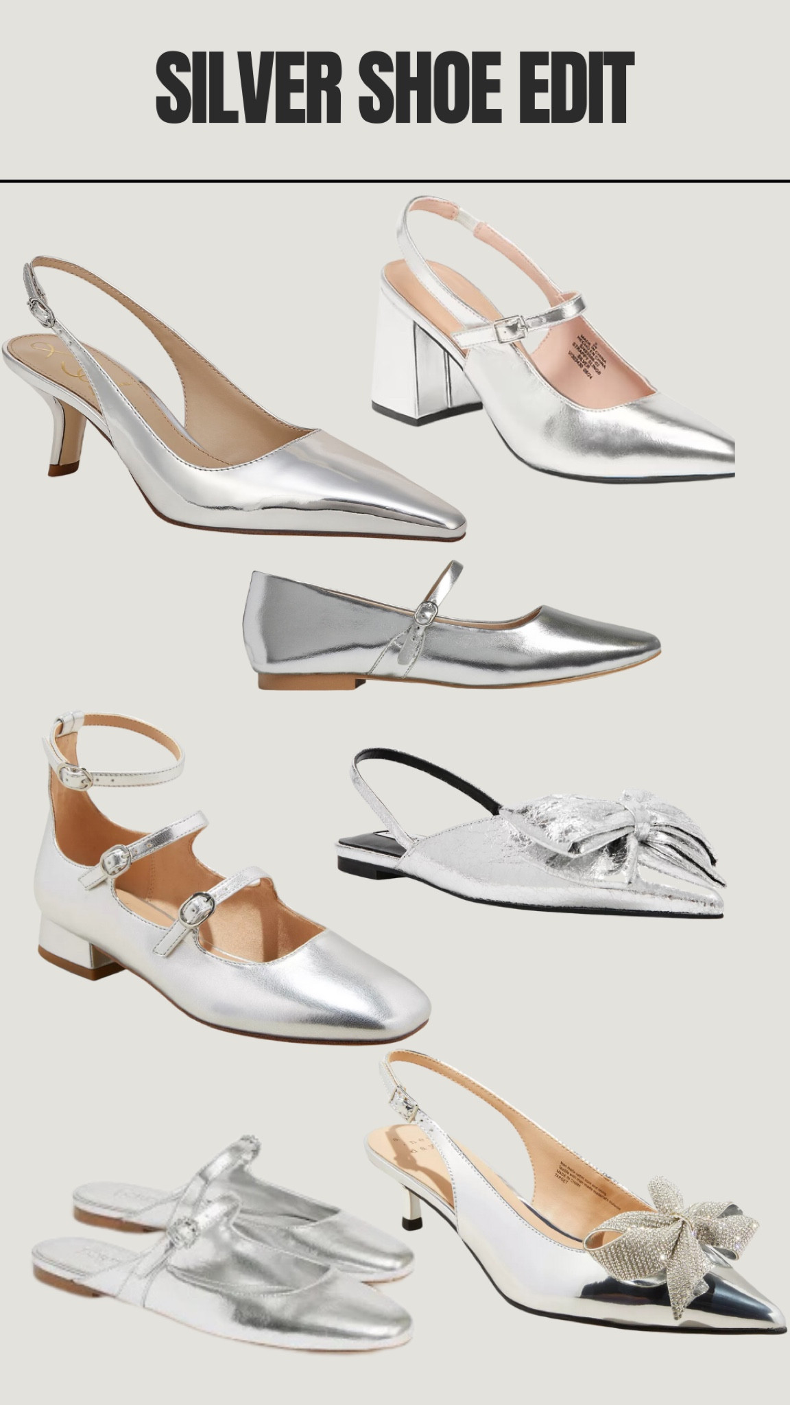 Silver shoes are having a moment. I have the pair of pointed toe slingback kitten heels and love them. Easy to spice up a boring outfit. 

#LTKFindsUnder50 #LTKHoliday #LTKShoeCrush