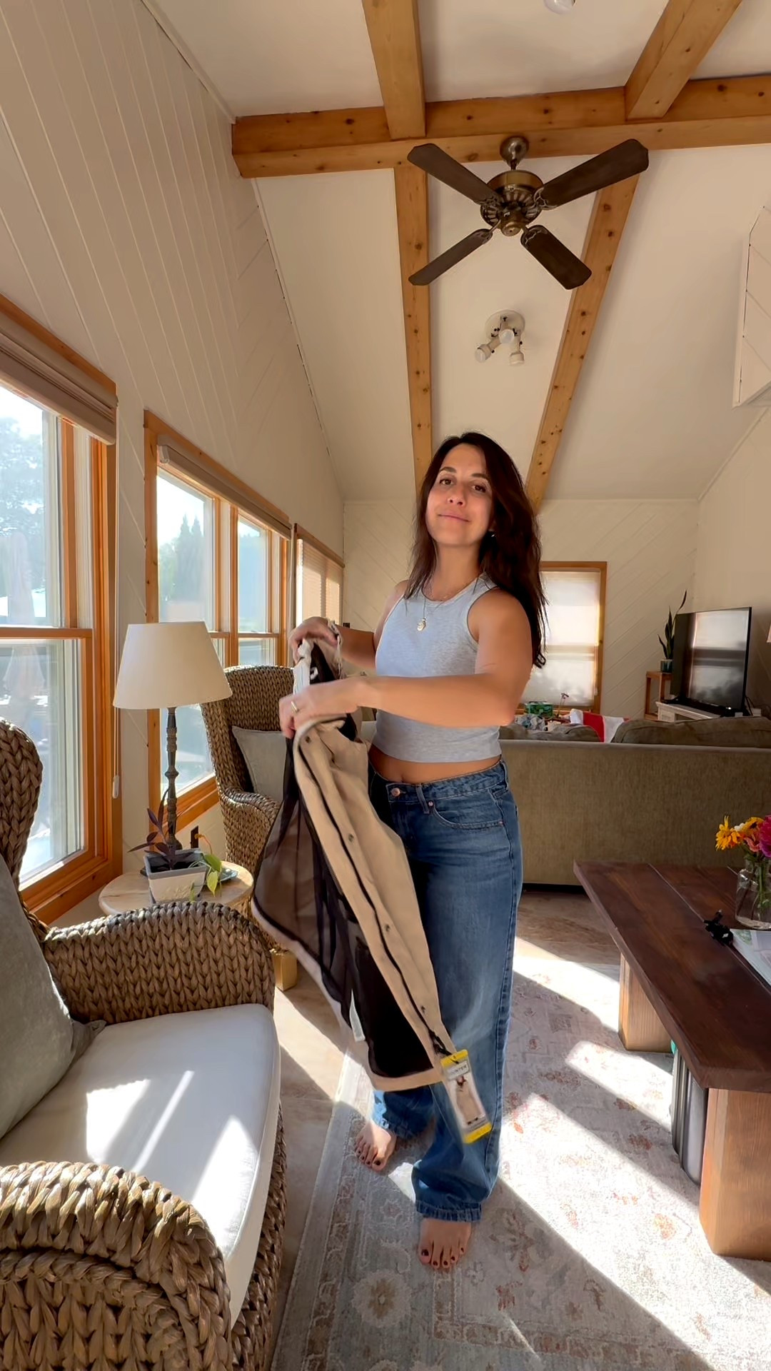 Barrel jeans size 2, dark wash from Target. Loving the fit of these jeans. They are mid high rise and very flattering. Horseback basic top is perfect for layering. This one is very comfortable. Wearing size small. I’ll be buying more of these tops. 
Jackets can be found at Costco