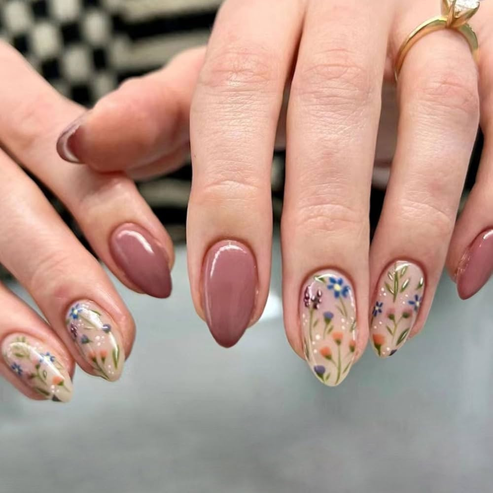 Short Press On Almond Fake Nails - Flower Acrylic Fall Nails Press Ons Full Cover Glue On Cute Fa... | Amazon (US)