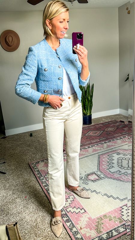 How to style a tweed jacket for spring w/ white jeans, basic tee + mules

wearing a size medium jacket 

#LTKFind #LTKstyletip #LTKSeasonal