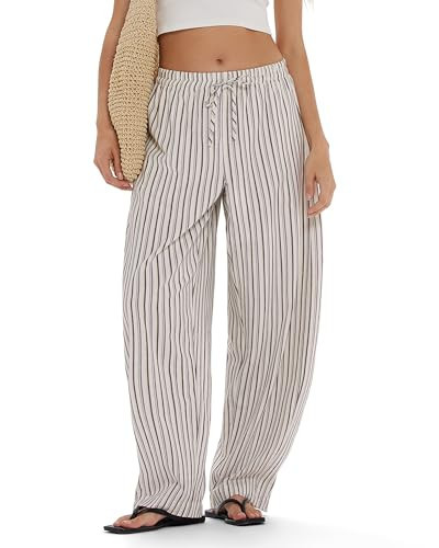 MOOSLOVER Women Linen Lightweight Barrel Striped Pants Drawstring Comfort Casual Lounge Pants Baggy Loose Ankle Pants with Pocket (L, Black Striped) | Amazon (US)