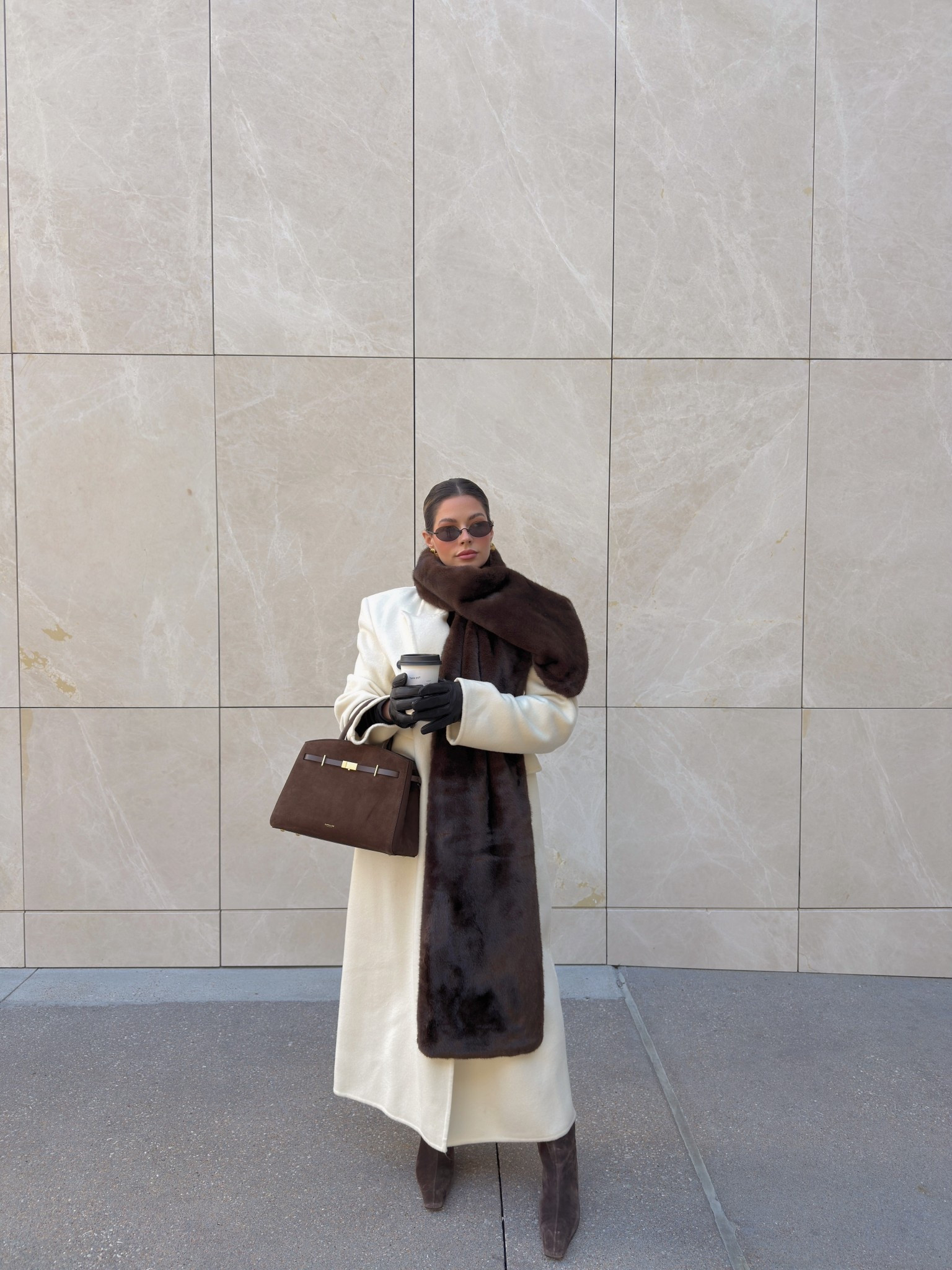 Faux fur scarf and cream long coat