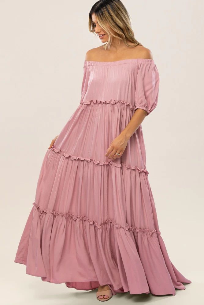 Mauve Off Shoulder Ruffle Tiered Maternity Maxi Dress | PinkBlush Maternity