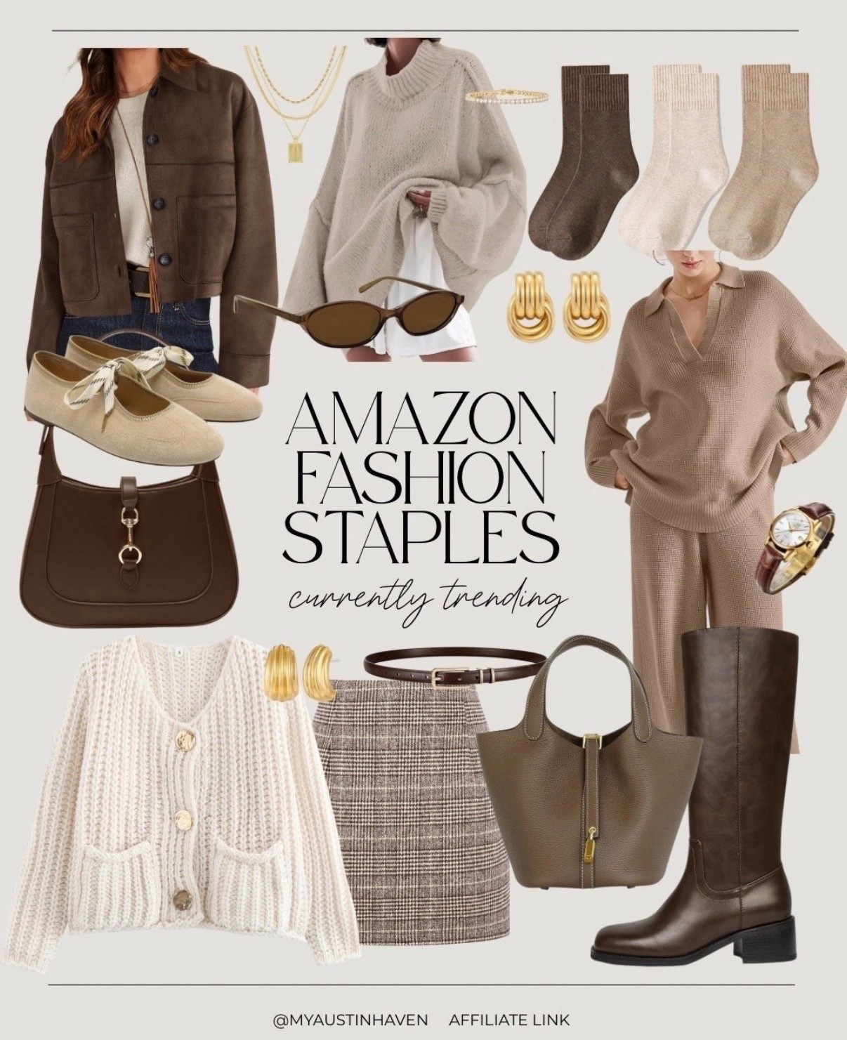 Amazon fashion staples for fall and winter ✨ Affordable women's fashion, chocolate brown, currently trending, fall style, winter style, matching set, jacket, sweater, plaid skirt, knee high boots, handbag, jewelry, cool girl, trending outfits, Amazon clothing. 

 #LTKStyleTip #LTKCyberWeek

#LTKFindsUnder100 #LTKMidsize #LTKSaleAlert