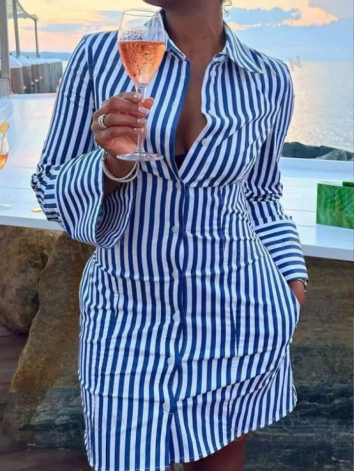 SHEIN Slayr Women's Vacation Striped Long Sleeve Button Front Shirt Dress | SHEIN USA | SHEIN
