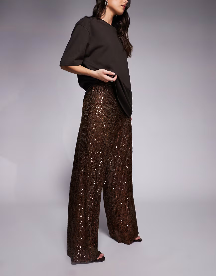 ASOS DESIGN sheer allover sequin wide leg pants in brown | ASOS (Global)