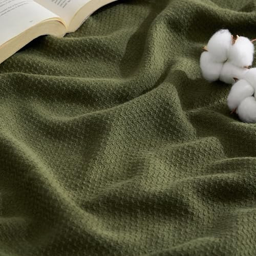 Bedsure GentleSoft 100% Cotton Blanket King Size for Bed - Breathable and Lightweight, Soft Cozy Textured Herringbone Woven Blanket for Summer, Olive Green, 108x90 inches | Amazon (US)