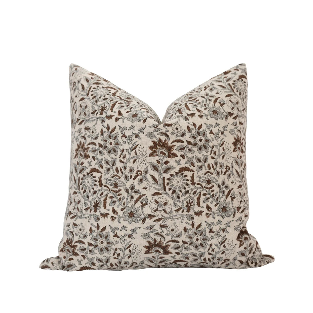 MILA COCOA Gray & Brown Floral Linen Pillow Grey Floral Pillow Designer Linen Pillow Neutral Flor... | Etsy (US)