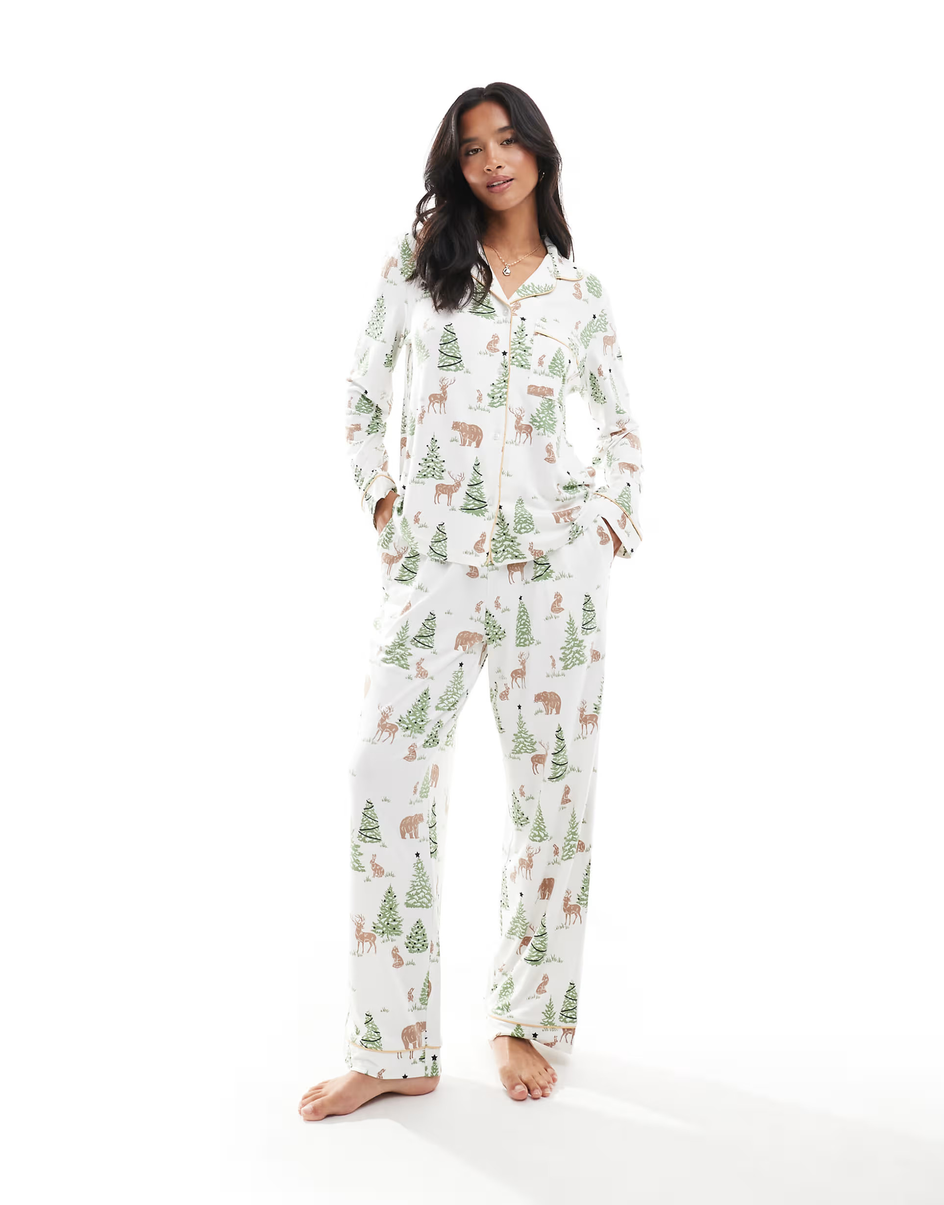 Chelsea Peers Exclusive Petite Christmas print long sleeve top and trouser pyjama set in cream | ASOS (Global)