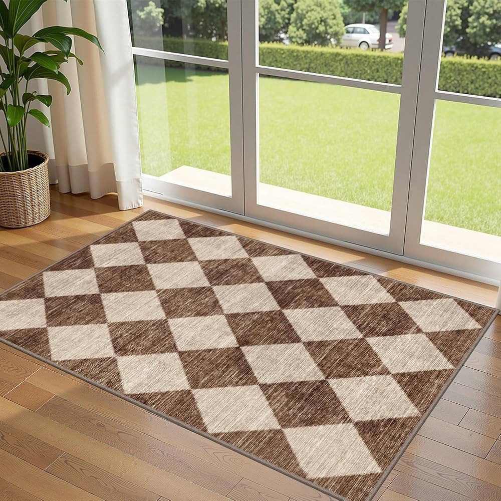 Brown Beige Checkered Entry Rug - 3x5 Non-Slip Indoor Outdoor Rugs | Amazon (CA)