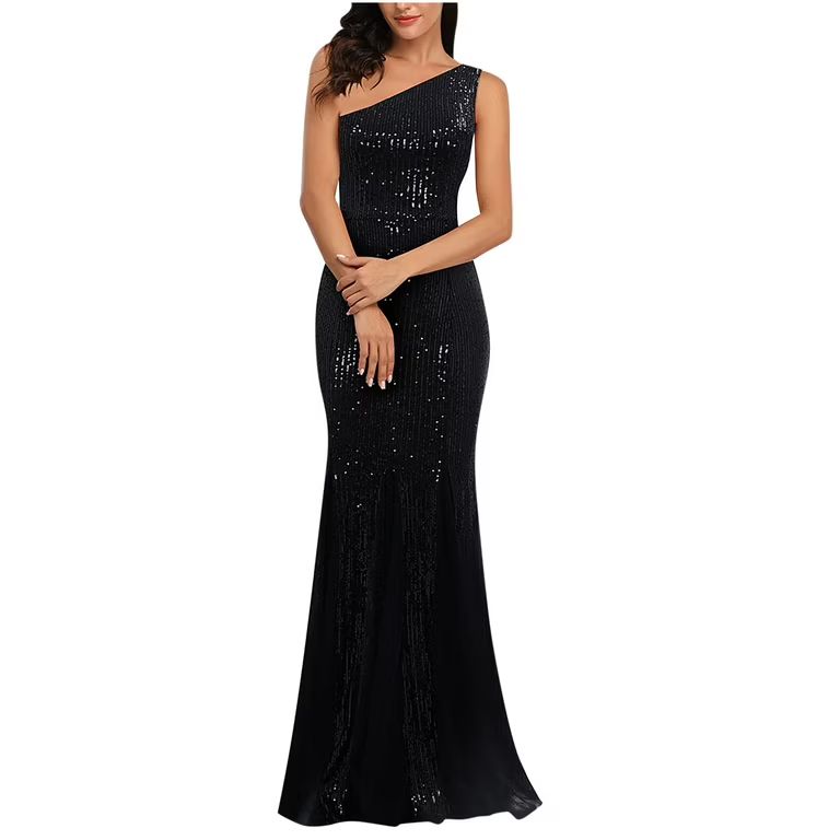 TrendVibe365 Sequin Dress Women Black One Shoulder Formal Dresses Sleeveless Cocktail Dresses Seq... | Walmart (US)