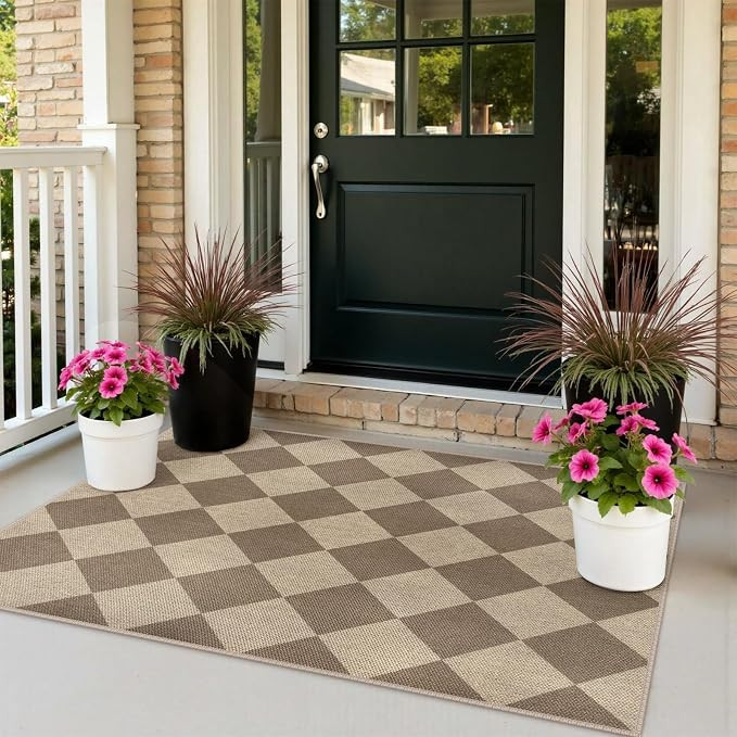 Easy Jute Small Outdoor Patio Rug, 3x5 Brown Checkered Entryway Rug Washable Modern Diamond Kitch... | Amazon (US)