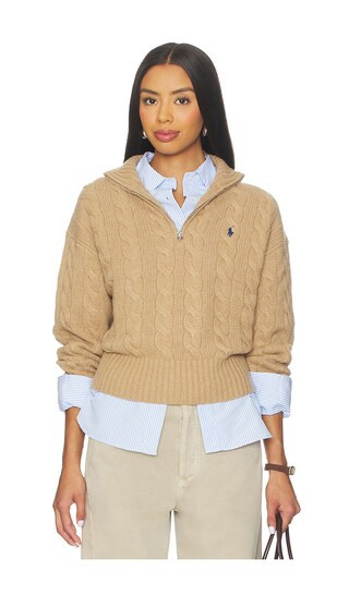 Cable Wool Cashmere Half Zip Sweater in Collection Camel Melange | Revolve Clothing (Global)