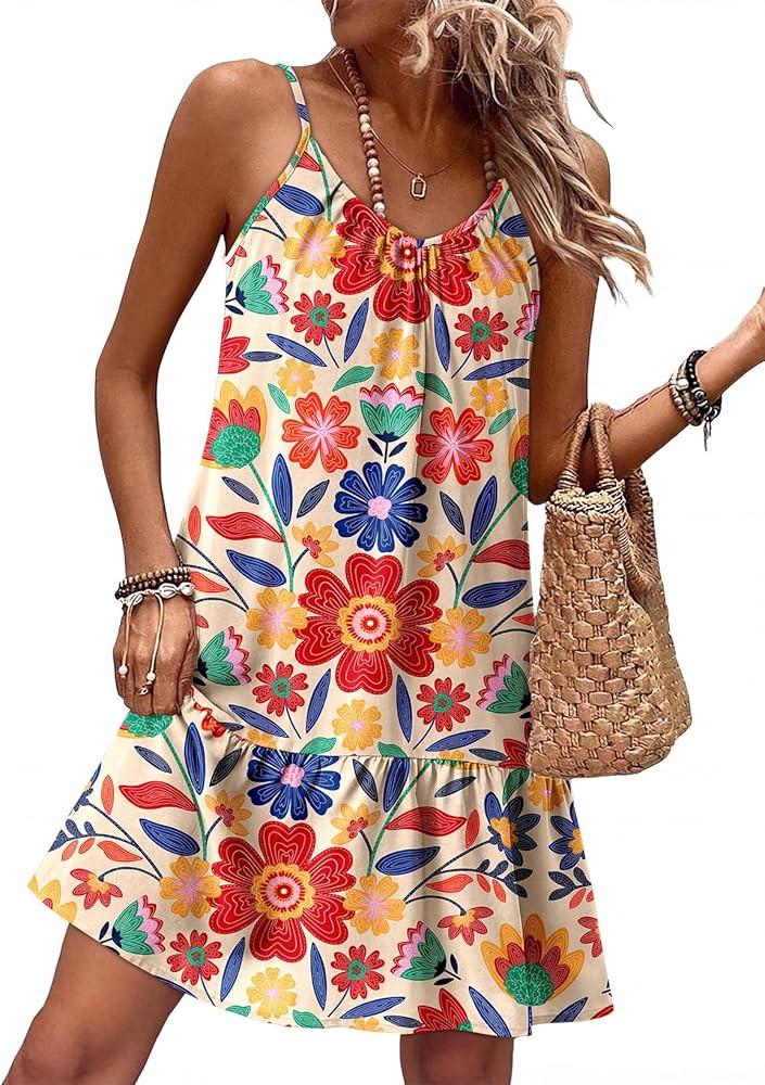 Dokotoo Summer Dresses for Women 2026 Spaghetti Strap Sexy Deep V Neck Smocked Ruffle Flowy Boho ... | Amazon (US)