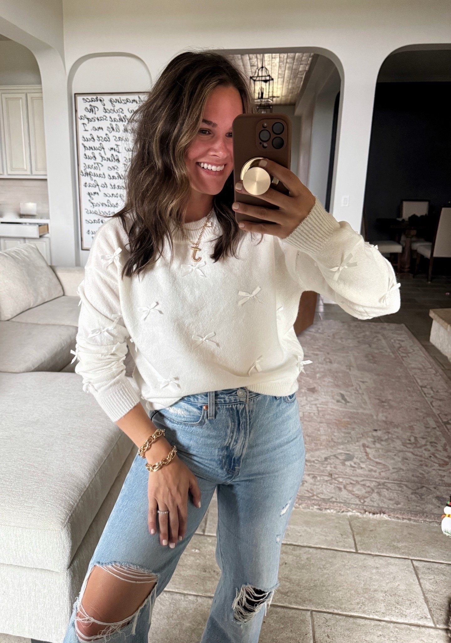 The cutest bow sweater from Walmart linked similar jeans so cozy and festive #walmart #christmassweater #holidaysweater #winteroutfit #winterstyle 

#LTKHoliday #LTKFindsUnder50 #LTKgrwm