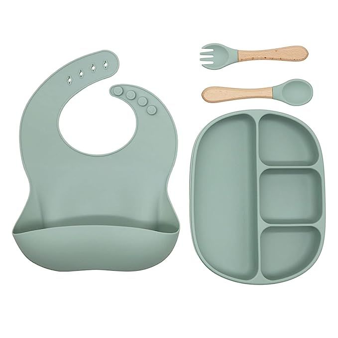 Ginbear Silicone Baby Plates with Suction, Toddler Silicone Bibs, Baby Led Weaning Utensils and D... | Amazon (US)