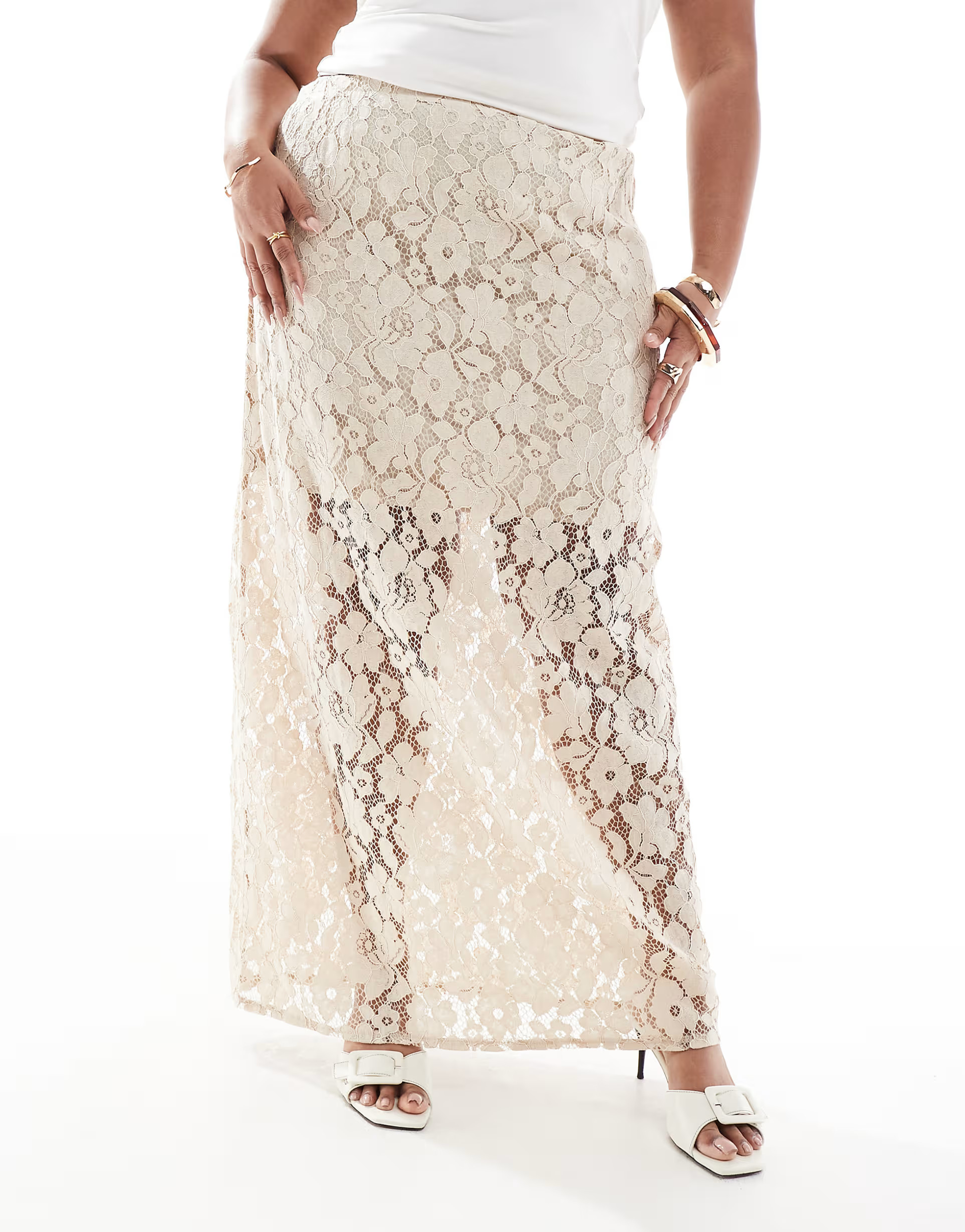 4th & Reckless Plus floral lace sheer hem maxi skirt in beige | ASOS | ASOS (Global)