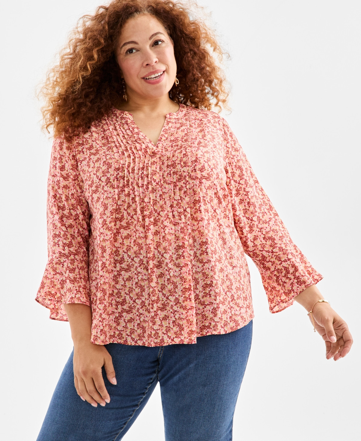 Style & Co Plus Size Printed Pintuck V-Neck Top, Macy's Exclusive - Vines Peach Pink | Macy's