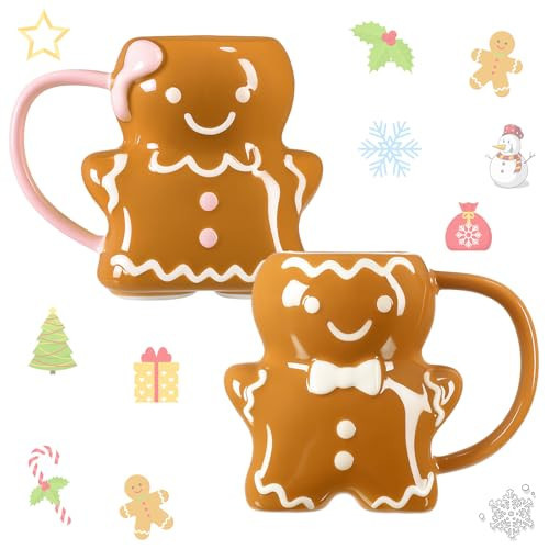 LemonRoad 2 Pcs 14 oz Christmas Cute Coffee Mugs Gingerbread Man and Woman Ceramic Novelty Ceramic 3D Cocoa Cups Vintage Happy Christmas Mugs Gifts for Hot Chocolate Cocoa Milk Tea Coffee Lover | Amazon (US)
