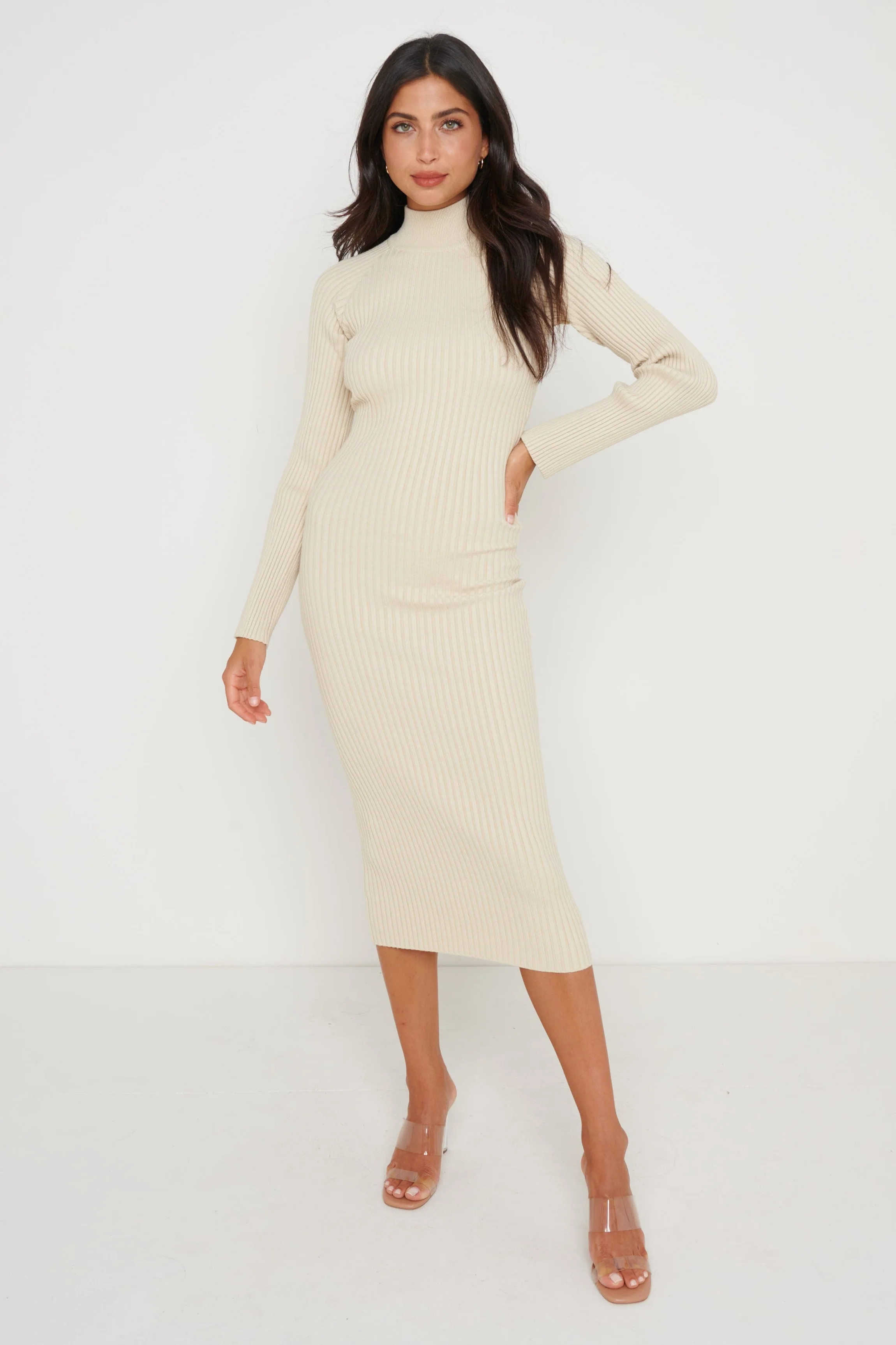 Abbey Ribbed Knit Dress - Light Beige | Pretty Lavish (UK)
