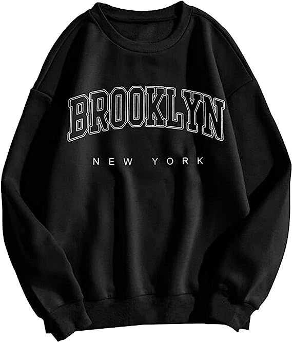 SAFRISIOR Women Oversized Brooklyn New York Letter Print Graphic Fleece Sweatshirt Crewneck Long Sle | Amazon (US)