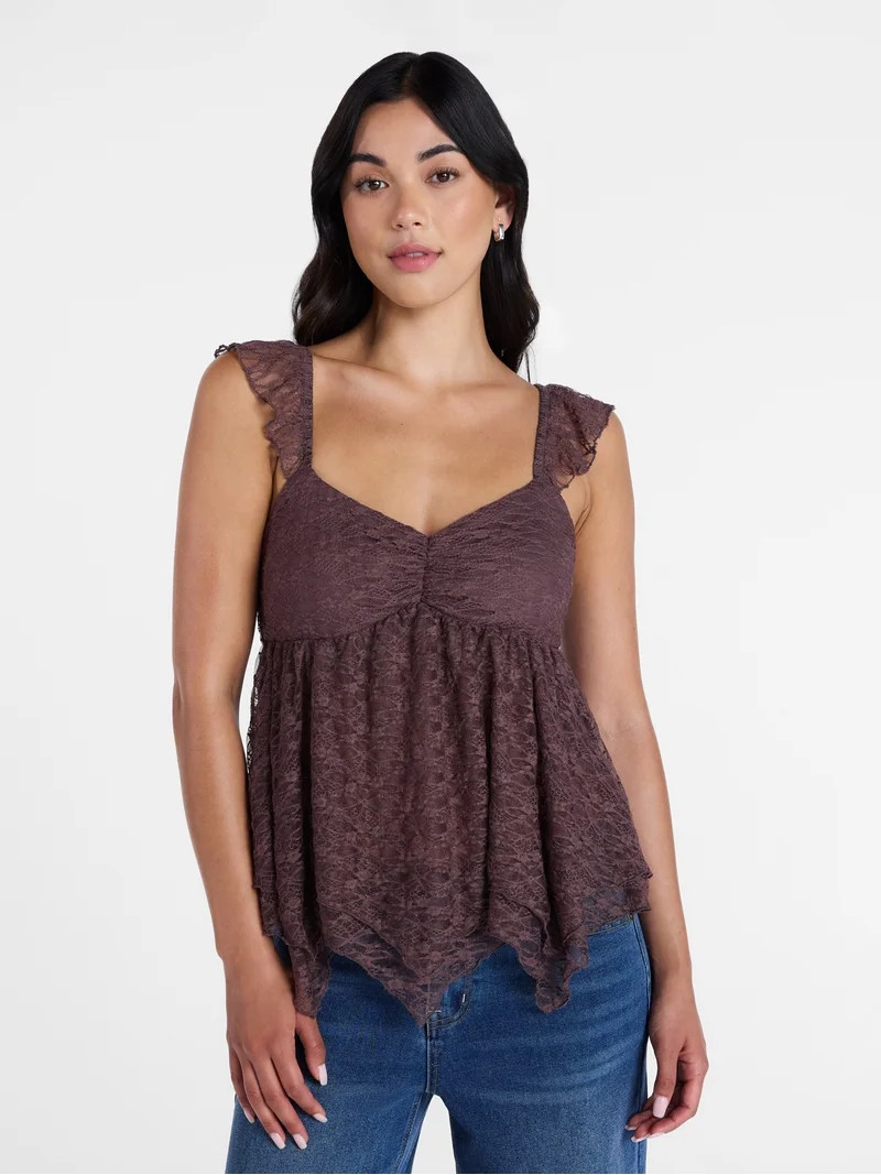 Madden NYC Floral Lace Babydoll Top with Flutter Sleeves, Sizes XXS-XXL | Walmart (US)