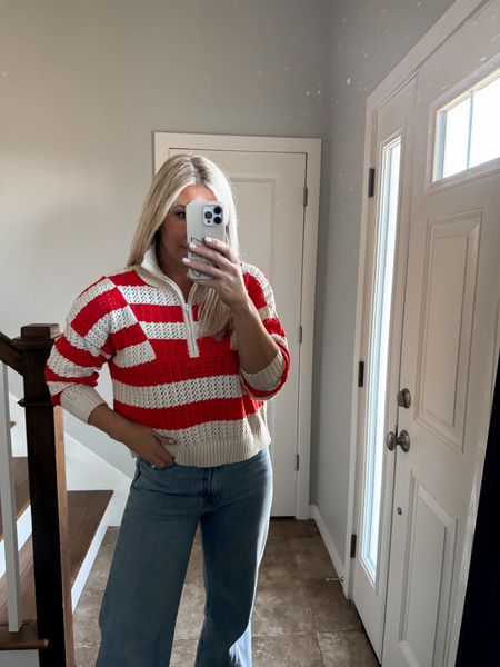 This striped sweater comes in a few colors. Fits tts 
Jeans I sized up one 
Levi’s 
Target style 
4th of July outfit 

#LTKFindsUnder50 #LTKFindsUnder100 #LTKStyleTip
