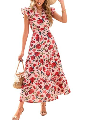 PRETTYGARDEN Women's 2026 Summer Floral Midi Dress Cap Sleeve V Neck Ruffle Long Flowy Boho Casual Beach Vacation Dresses (Floral Orange Pink Red,Medium) | Amazon (US)