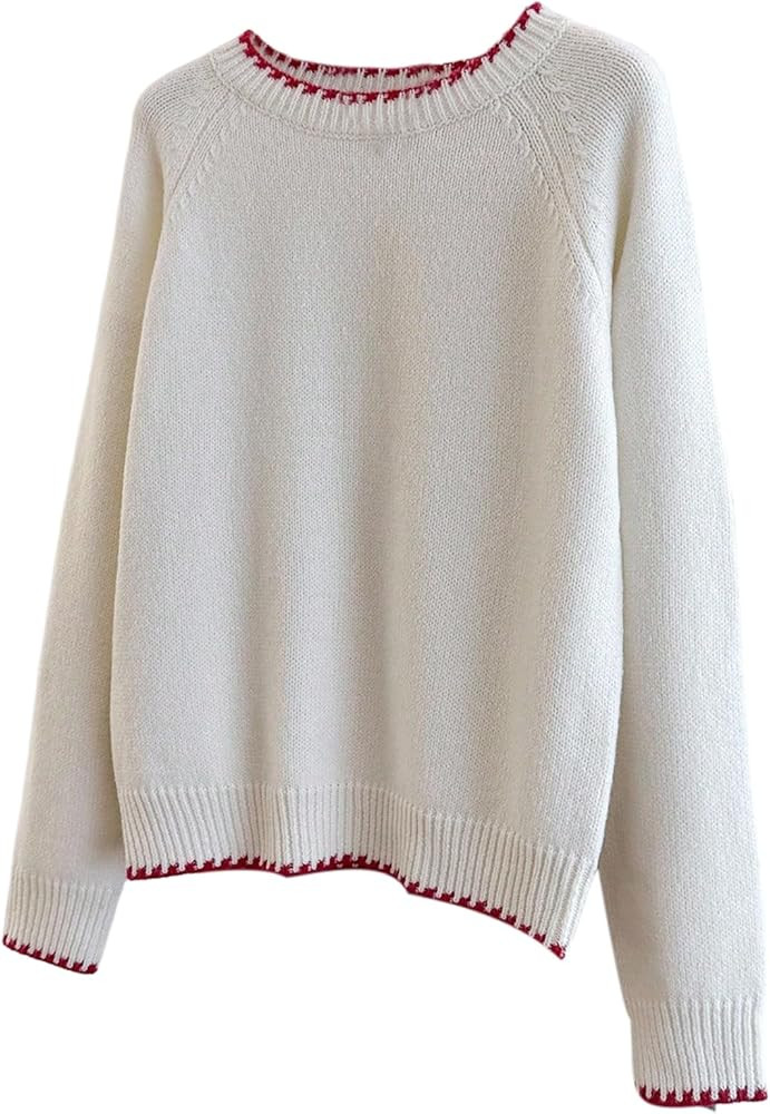 SHENHE Women's Long Sleeve Pullover Sweater Crewneck Knitwear Contrast Binding Jumper Tops | Amazon (US)