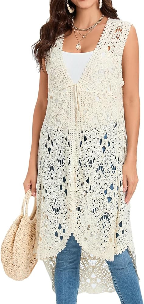 GLEAMISS Women's Crochet Long Vest Sleeveless Lace Cardigan Hollow Out Kimino Cover Up | Amazon (US)