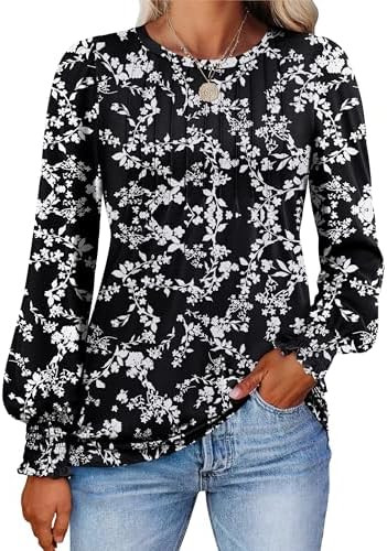 Prinbara Long Sleeve Shirts for Women 2025 Fall Tops Floral Print Pleated Dressy Casual Blouses | Amazon (US)