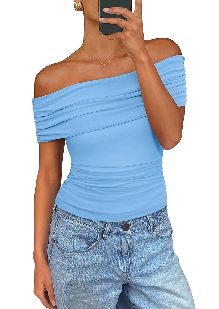 PRETTYGARDEN Summer Tops for Women 2025 Off Shoulder Short Sleeve Ruched Slim Fit Shirts Blouses ... | Amazon (US)