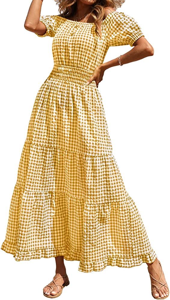 BTFBM Women Casual Short Sleeve Plaid Maxi Dresses Off Shoulder Vintage Dress Square Neck Gingham Be | Amazon (US)