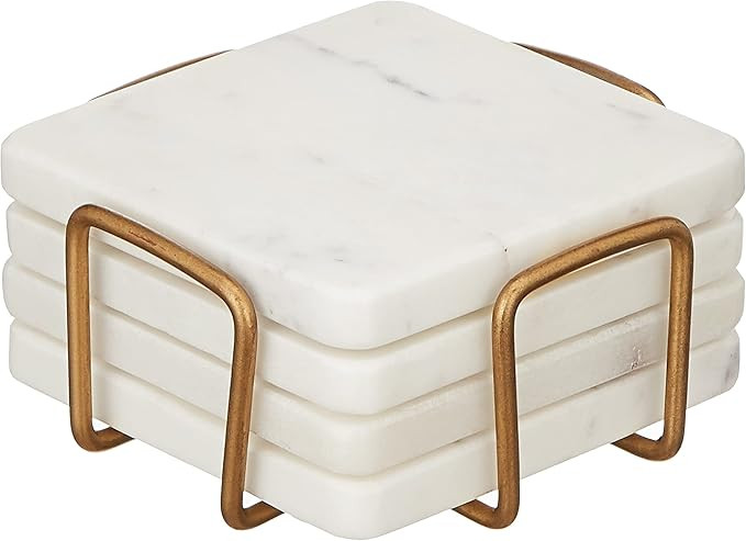Queenza Marble Coasters with Holder, Set of 4 Gold Coasters for Drinks , 4 Inch Modern Coasters f... | Amazon (US)