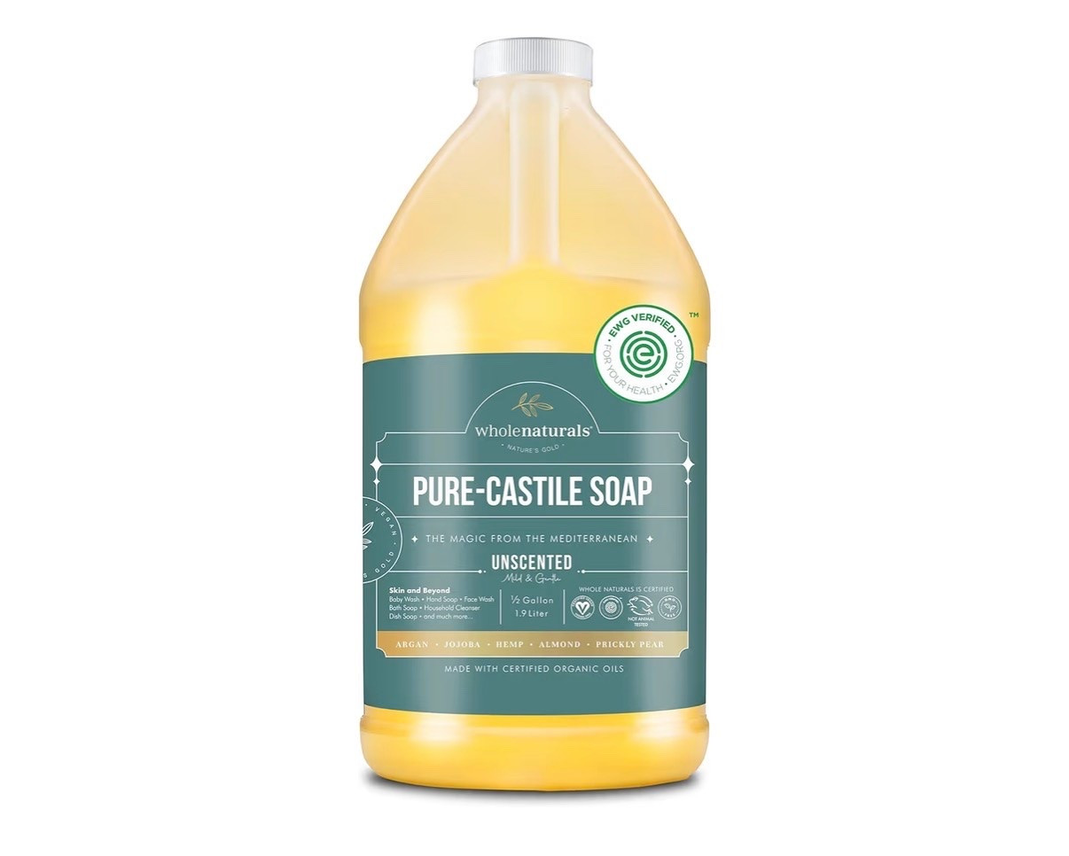 WHOLENATURALS Pure Castile Soap Liquid, EWG Verified & Certified Palm Oil Free Unscented, Natural, Mild & Gentle Non-gmo & Vegan - Organic Body Wash, Laundry, Pet/Dog and Baby Soap - 64 Fl Oz

EWG verified