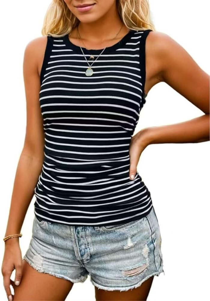 SUTEFAYECO Women Striped Tank Top Summer Sleeveless Slim Fit Shirt Round Neck Striped Print Sleev... | Amazon (US)