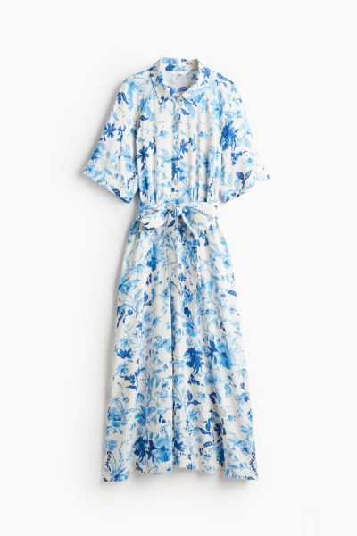 Tie-belt Shirt Dress - White/blue floral - Ladies | H&M US | H&M (US + CA)