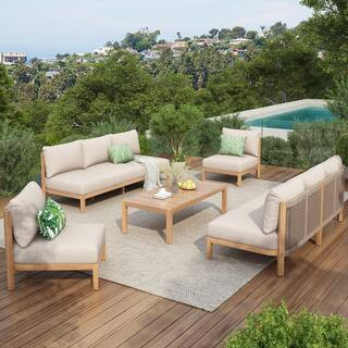 Kinsley 5-Piece Light Teak + Beige Rope Woven and Wood Outdoor Patio Conversation Set with Beige Cushions, Armless | The Home Depot