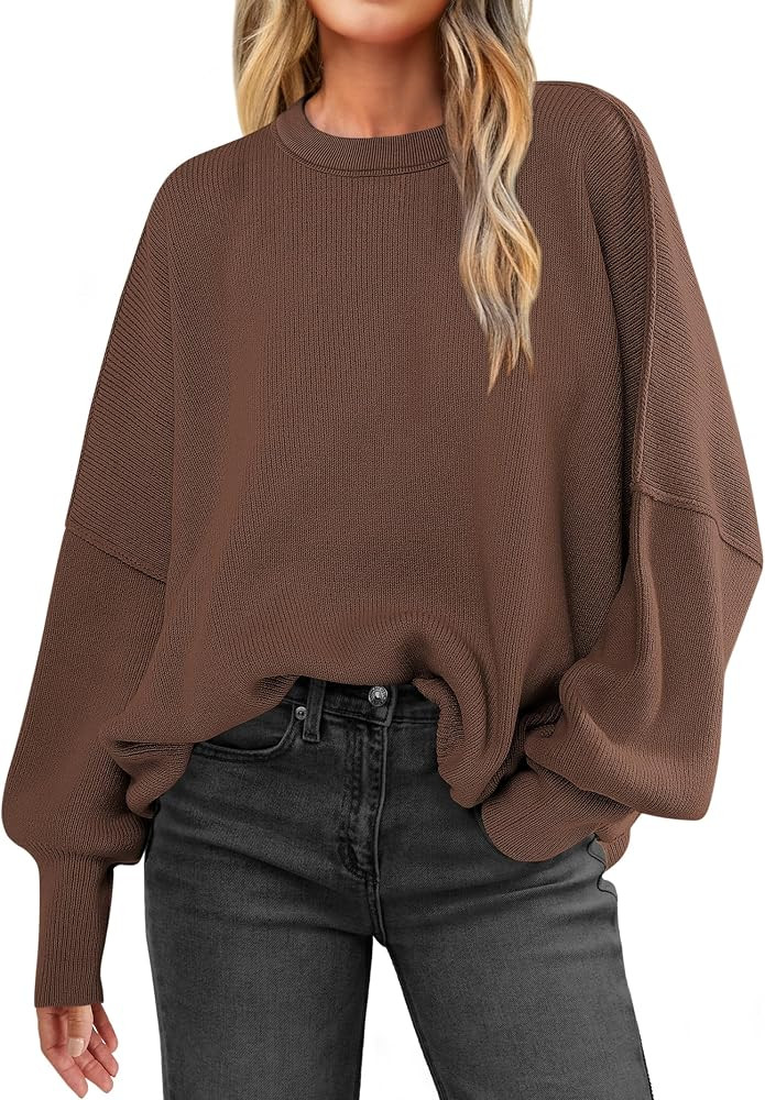ANRABESS Women Crewneck Batwing Long Sleeve 2024 Fall Oversized Side Slit Ribbed Knit Pullover Sw... | Amazon (US)