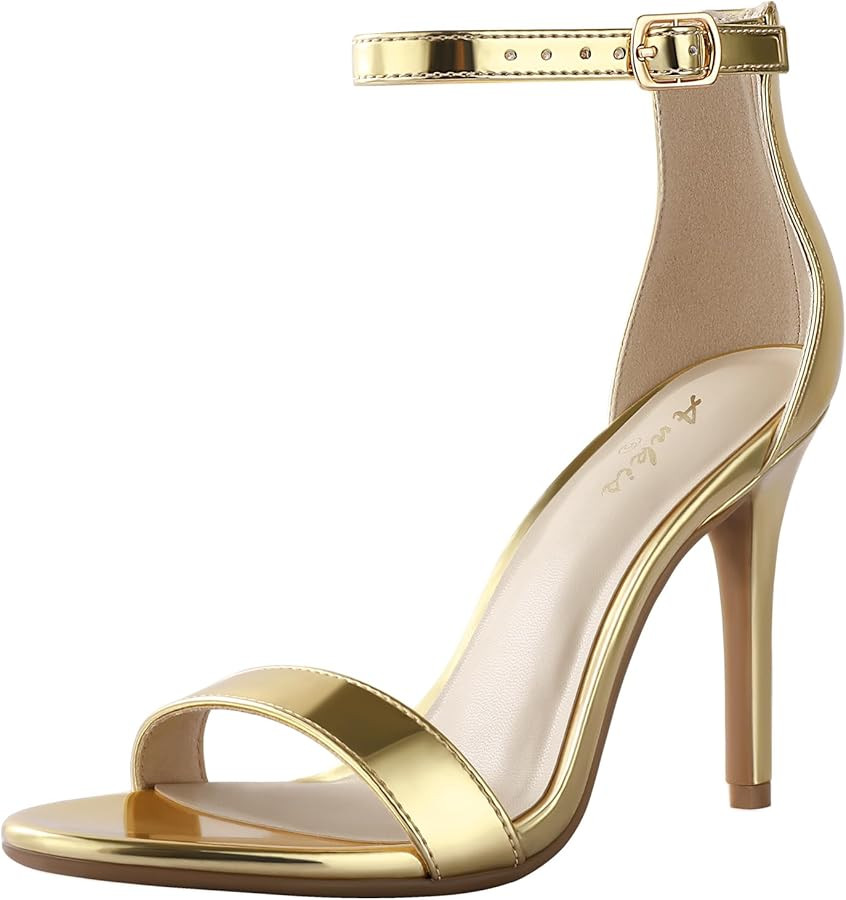 Ankis Tacones altos para mujer de 4 pulgadas, tacones de aguja negros y dorados, puntera abierta,... | Amazon (US)