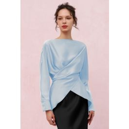 Boat Neck Crisscross Waist Satin Top in Blue | Chicwish