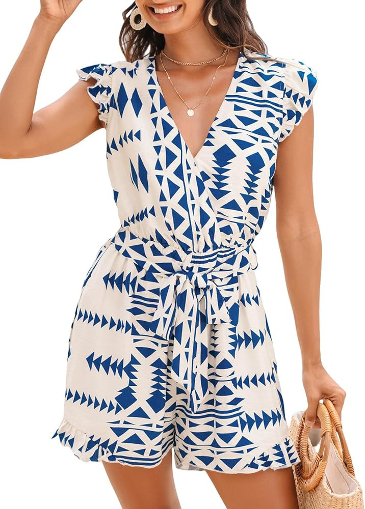 CUPSHE Women's Romper Tropical Flutter Sleeve Boho Overall V Neck Wide Leg Outfit Casual Beach | Amazon (US)